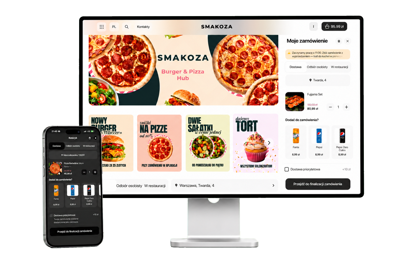 Fotorealistyczny monitor ze stroną zamówień restauracji i telefon z aplikacją mobilną